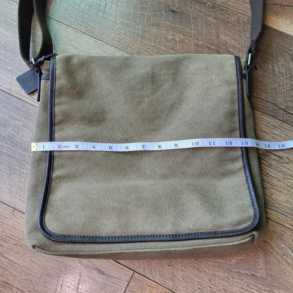 Levenger Olive Green Canvas & Brown Leather Trim Messenger Crossbody Bag